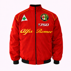 Alfa Romeo 1750 crest racing jacket front view in red with embroidered logos