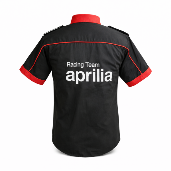 Aprilia racing crew shirt black red back view minimal logo motorsport shirt