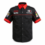 Aprilia racing crew shirt black red full sponsor logos front view motorsport team shirt