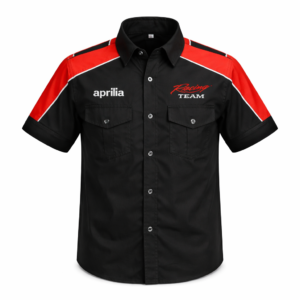 Aprilia racing crew shirts front and back black red button-up motorsport shirts collection