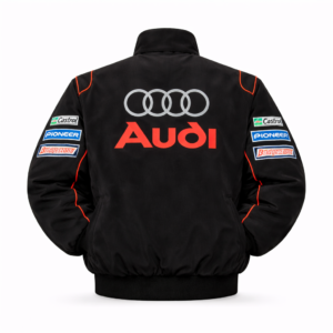 Audi motorsport jacket featuring multiple embroidered logos and detailed sleeve design.