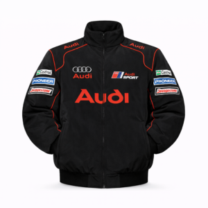 Audi SQ5 jacket with strong rear branding in vibrant red finish.