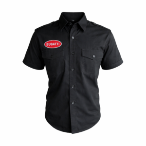 Black Bugatti button-up shirt with red oval Bugatti logo on front