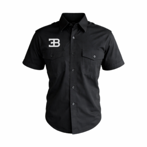 Black Bugatti button-up shirt with white EB logo on front chest