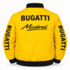 Bugatti yellow jacket Mistral script back bold logo