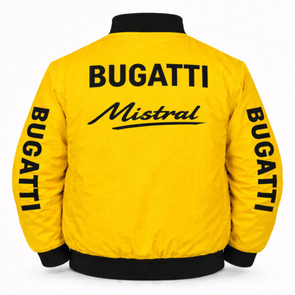 Bugatti yellow jacket Mistral script back bold logo