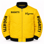 Bugatti yellow jacket sleeve text Veyron branding front