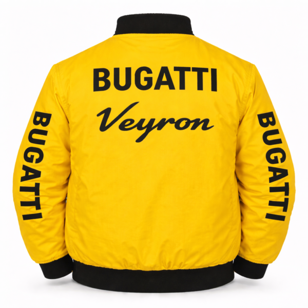 Bugatti yellow jacket Veyron text back large logo