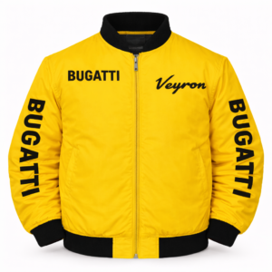 Bugatti yellow jacket sleeve text Veyron branding front