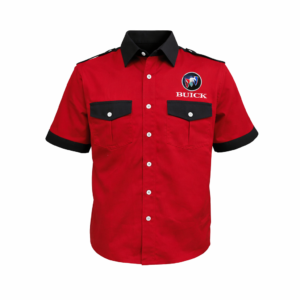 Red Buick embroidered short sleeve button up shirt front view