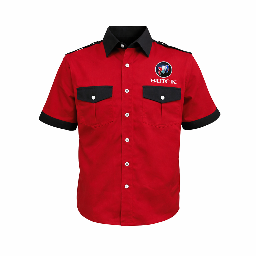 Red Buick embroidered short sleeve button up shirt front view