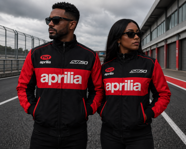 Black couple wearing black and red Aprilia SR50 racing bomber jackets standing on a racetrack, showcasing premium embroidered motorsport apparel.