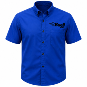 Buell blue shirt front view with embroidered chest logo on white background