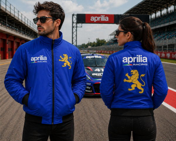 Aprilia Racing Blue Jacket with Race Car Background