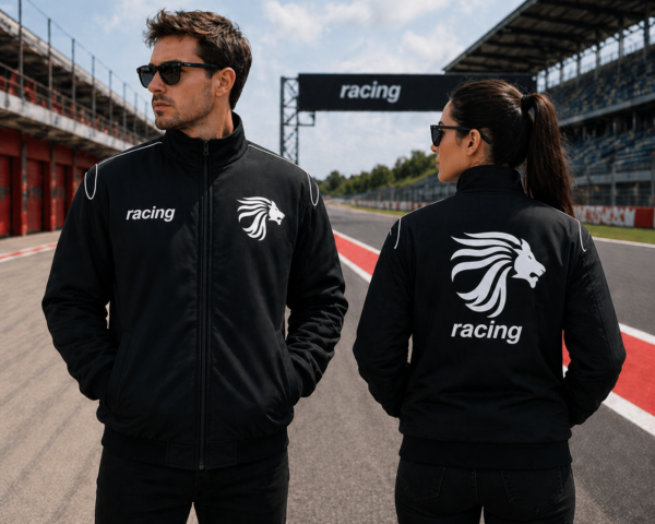 Black racing jacket with lion logo front and back view worn by man and woman on racetrack motorsport style jacket