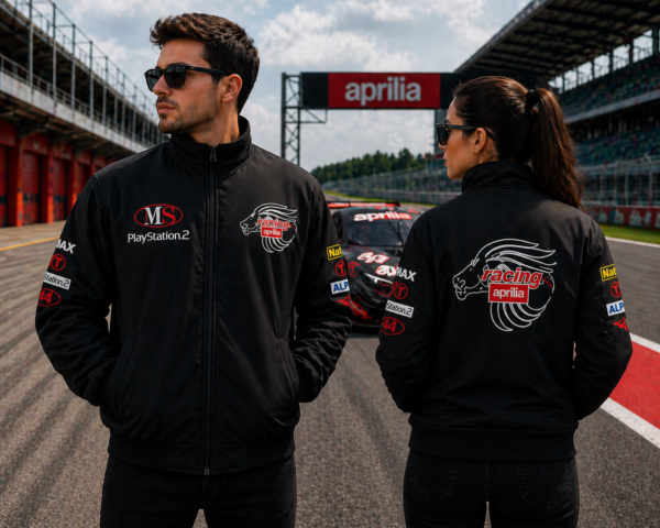 Black racing jacket with lion logo front and back worn by man and woman on racetrack with race car in background motorsport style Title: