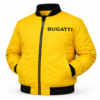 High-visibility Bugatti yellow jacket with large black Bugatti text across the back. Designed for standout motorsport style and everyday wear.