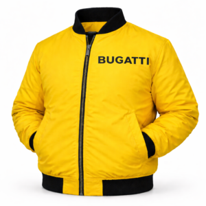 High-visibility Bugatti yellow jacket with large black Bugatti text across the back. Designed for standout motorsport style and everyday wear.