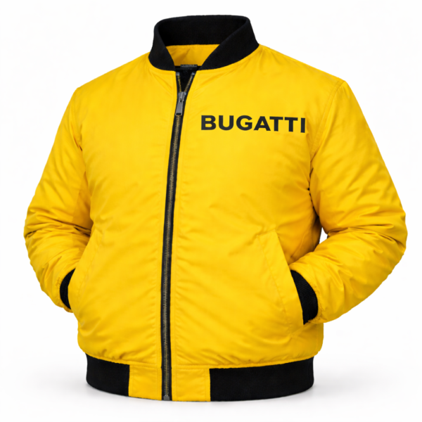 High-visibility Bugatti yellow jacket with large black Bugatti text across the back. Designed for standout motorsport style and everyday wear.