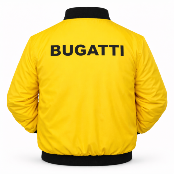 Bugatti yellow jacket black text back view