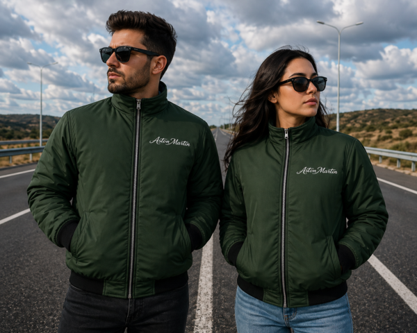 Man and woman wearing green Aston Martin bomber jackets standing on a highway, showcasing premium embroidered luxury motorsport apparel.