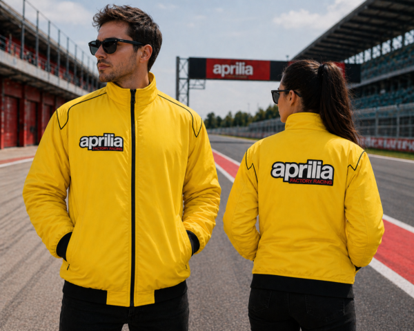 Aprilia Factory Racing yellow jacket front and back view worn by man and woman on racetrack with embroidered logo design
