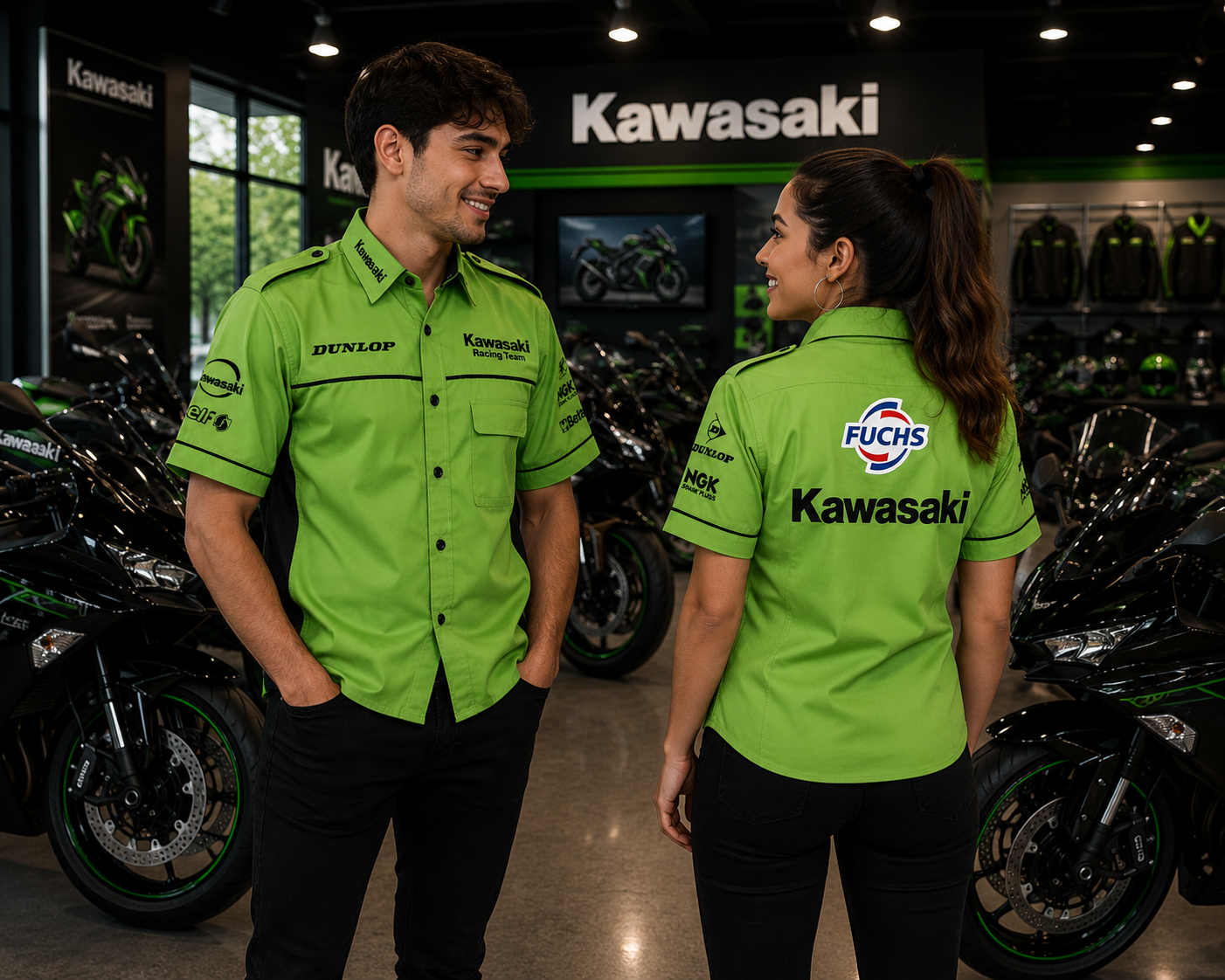 Kawasaki Racing Team Light Green Embroidered Crew Shirt Premium Motorsport Style - Image 3