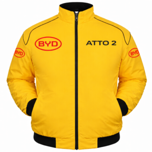 BYD Atto 2 yellow jacket front view embroidered logo