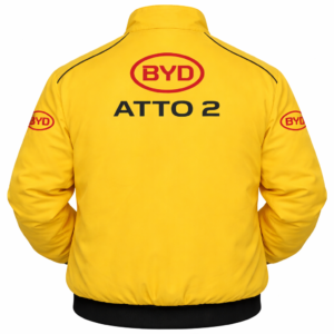 BYD Atto 2 yellow jacket front view embroidered logo