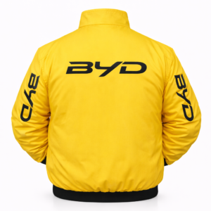 BYD yellow jacket back view with bold logo