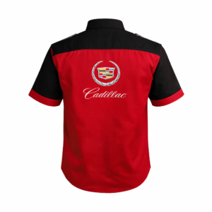 Cadillac red embroidered crew shirt back view with large logo