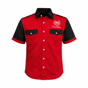 Clean front view of a Cadillac white crew shirt featuring embroidered crest and script logos with a structured button-up design