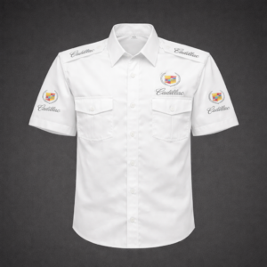 Cadillac white embroidered crew shirt front view with chest logos