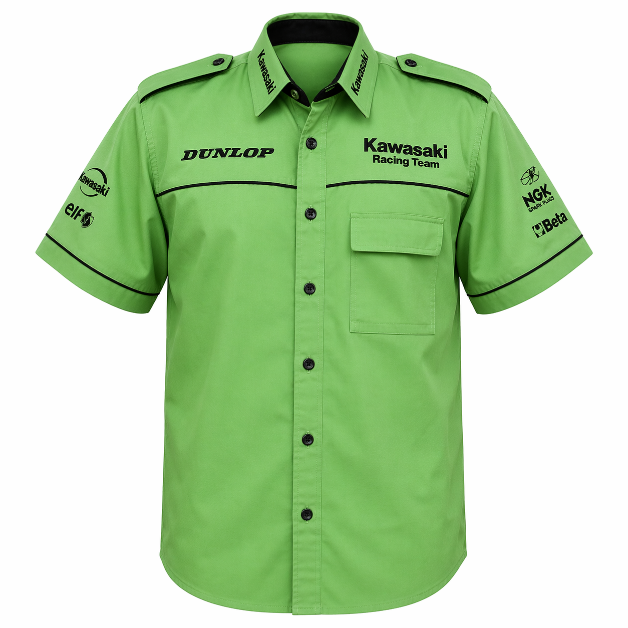 Kawasaki Racing Team Light Green Embroidered Crew Shirt Premium Motorsport Style