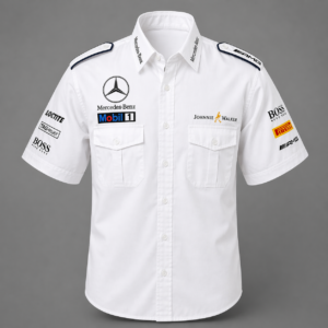 Mercedes Benz Johnnie Walker White Pit Crew Shirt Embroidered Motorsport Style