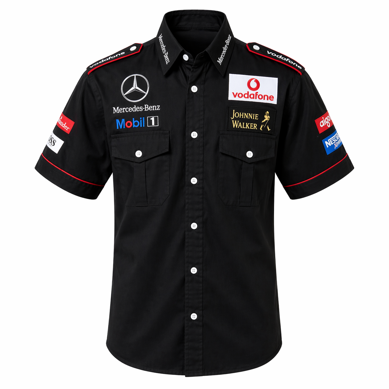 Mercedes Benz Vodafone Black Pit Crew Shirt Embroidered Motorsport Style