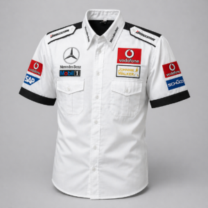 Mercedes Benz Vodafone White Black Trim Pit Crew Shirt Embroidered Motorsport Style