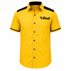 Buell yellow shirt front view with black trim and embroidered chest logo on white background Title:
