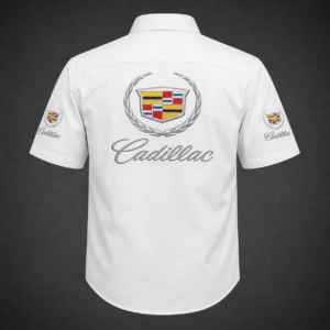 Cadillac white embroidered crew shirt back view with large crest logo