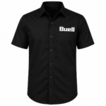 Buell black shirt front view with white block logo on chest on white background
