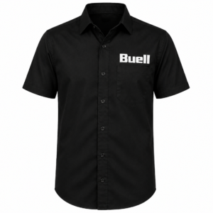 Buell black shirt front view with white block logo on chest on white background