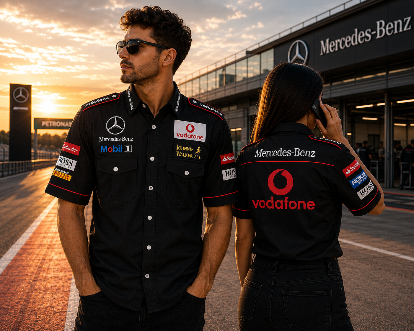 Mercedes Benz Vodafone Black Pit Crew Shirt Embroidered Motorsport Style - Image 3